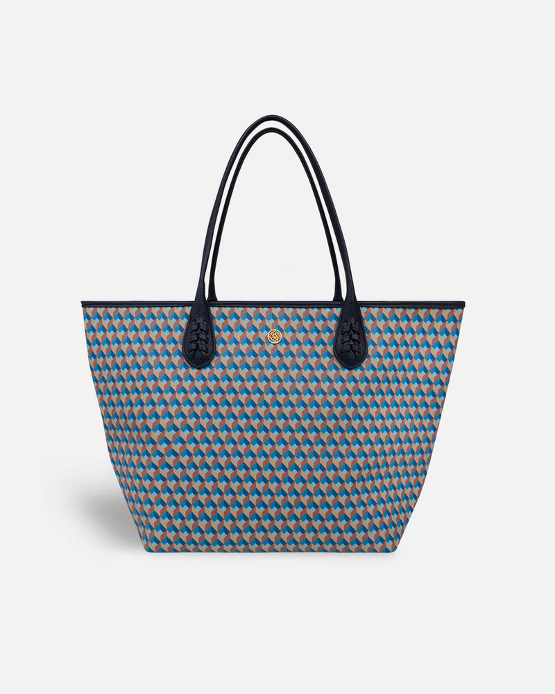 Lonbali blue, brown, and yellow geometric pattern shopper bag