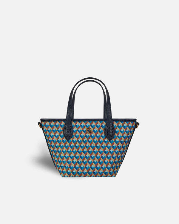Minibolso shopper con patrón azul, marrón y amarillo Lonbali