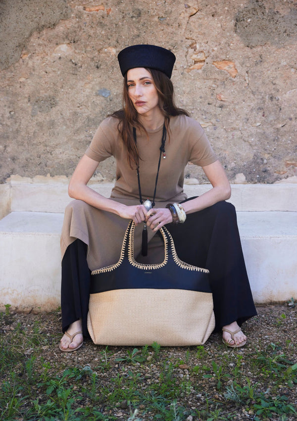 Leblon Raffia Tote (Large, Black)