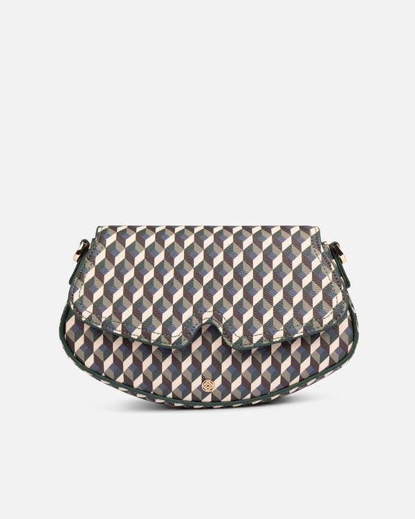 Bolso compacto con diseño geométrico blanco, marrón y verde Lonbali