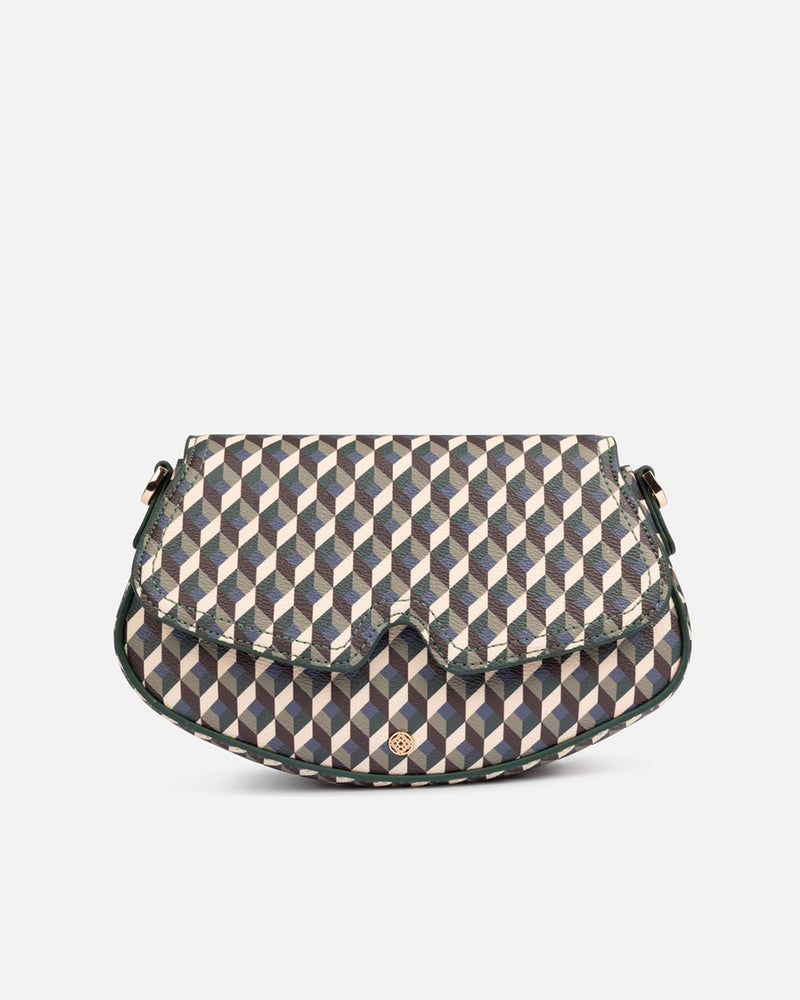 Bolso compacto con diseño geométrico blanco, marrón y verde Lonbali