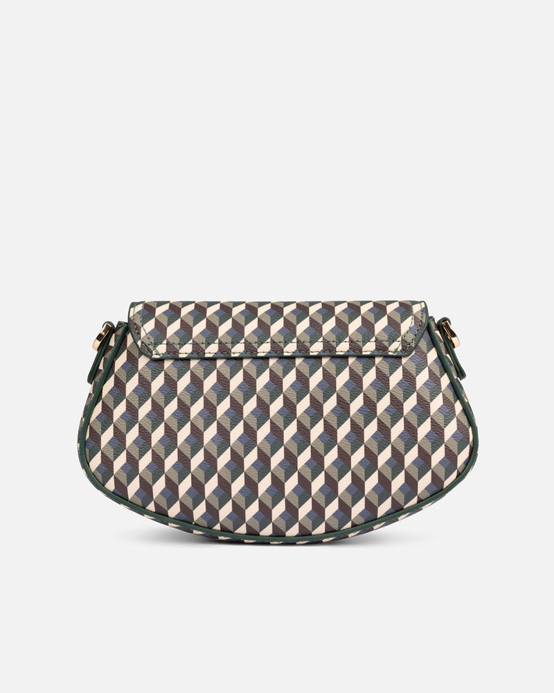 Bolso compacto Lonbali con diseño geométrico en blanco, marrón y verde