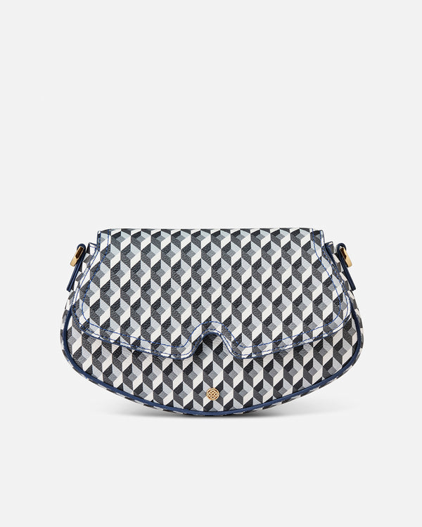 Bolso compacto con diseño geométrico azul, blanco y marrón Lonbali