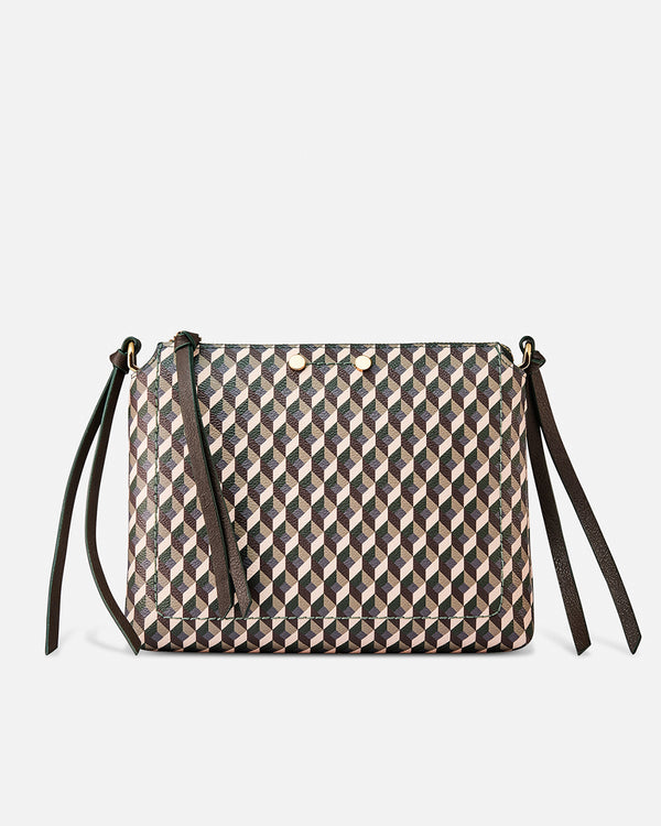 Bolso cruzado con diseño geométrico marrón, blanco y amarillo Lonbali