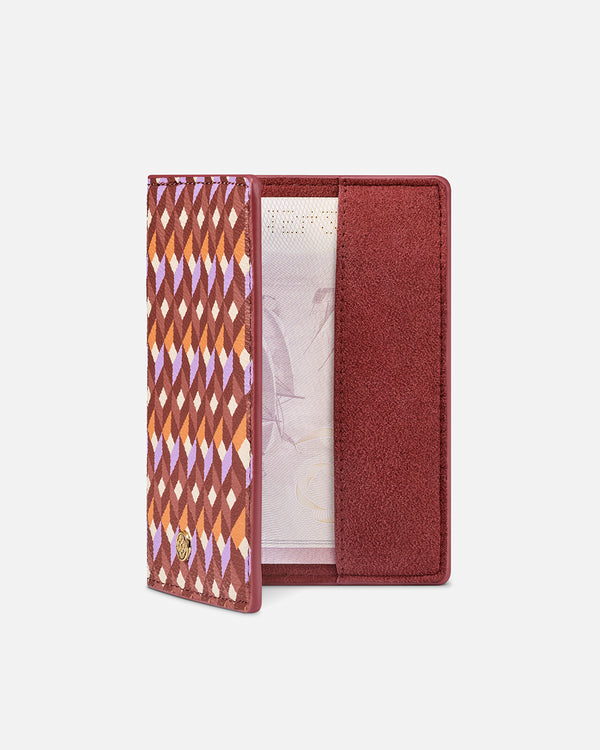 Porta pasaporte Lonbali con diseño geométrico rojo, naranja y lila