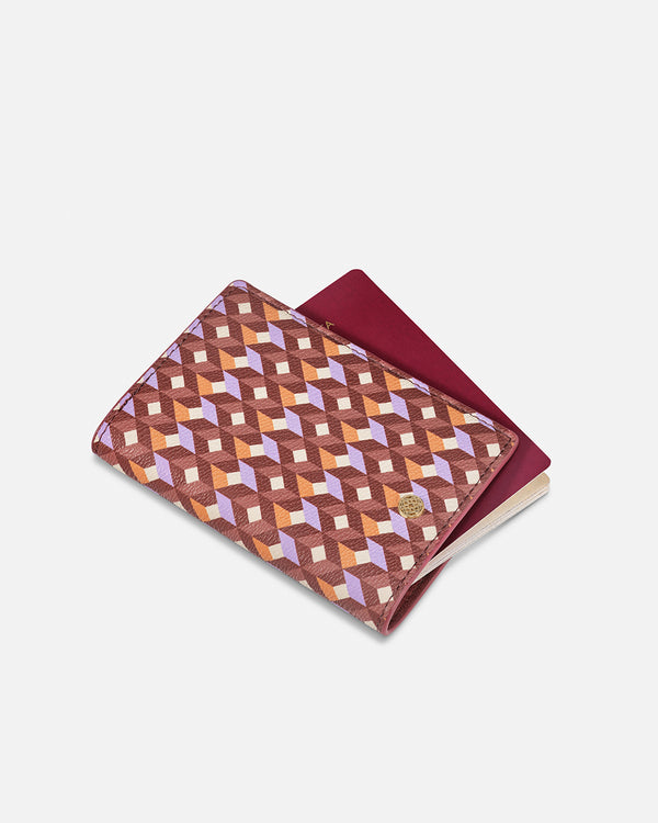 Porta pasaporte Lonbali con patrón geométrico rojo, naranja y lila