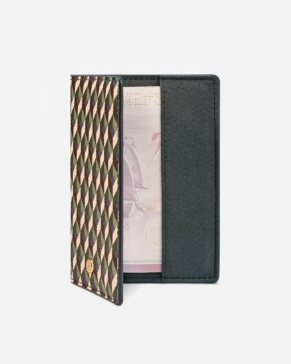 Funda de pasaporte Lonbali con estampado geométrico verde, marrón y blanco