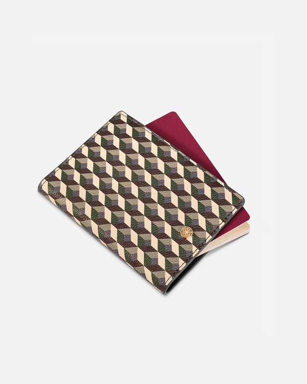 Funda de pasaporte con estampado geométrico verde, marrón y blanco Lonbali
