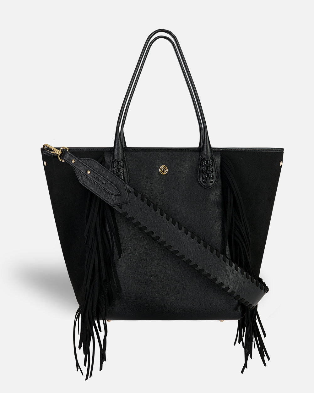 Bolso shopper negro con flecos y asa cruzada
