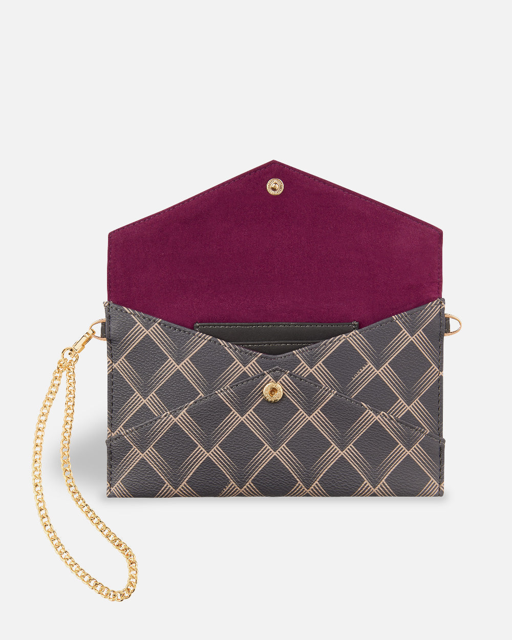 cartera de mano XXL con estampado geométrico marrón y negro para mujer abierta