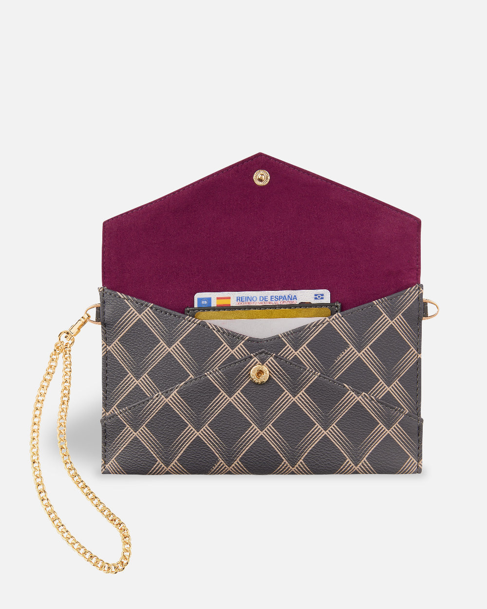 cartera de mano XXL con estampado geométrico marrón y negro para mujer interior