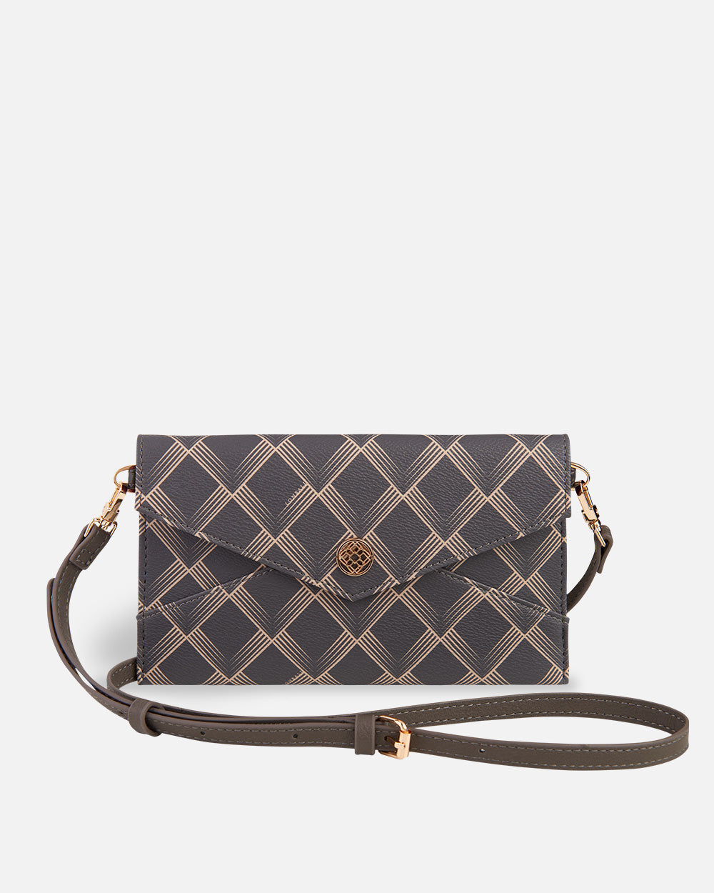 cartera de mano XXL con estampado geométrico marrón y negro y bandolera para mujer