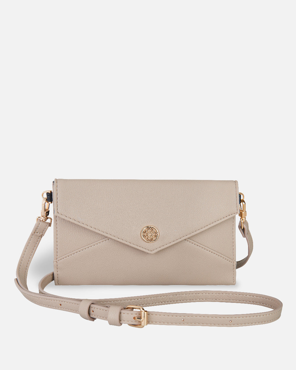 bolso bandolera beige con cierre de botón y detalles dorados para mujer