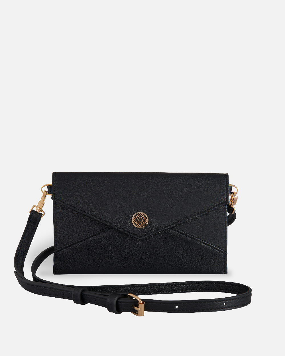 bandolera negra para mujer materiales reciclados con detalles dorados