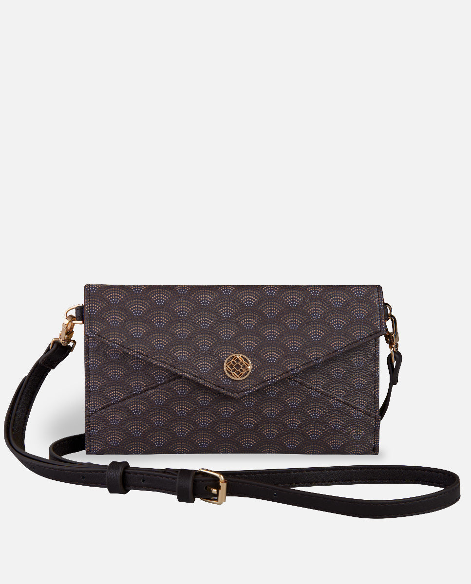 Cartera estampada marrón con bandolera y broche dorado Lonbali