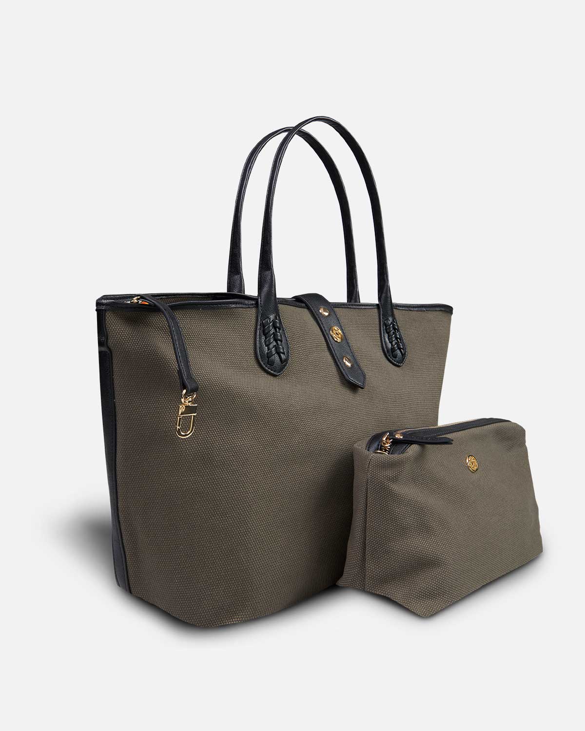 Bolso caqui con neceser a juego